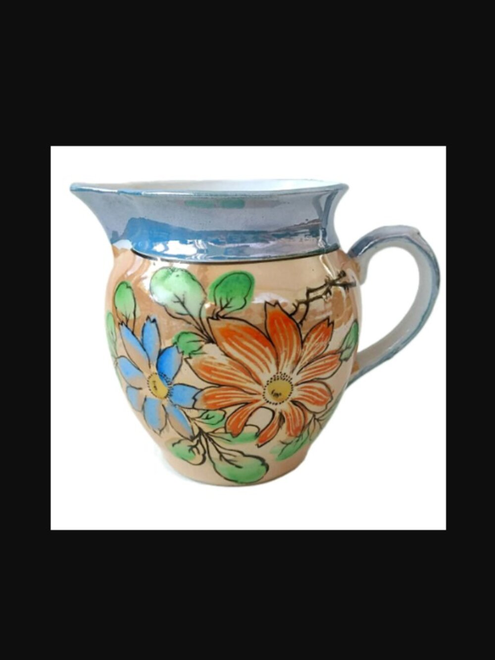 Vintage Lusterware Creamer Jug Hand Painted Japan Orange Blue